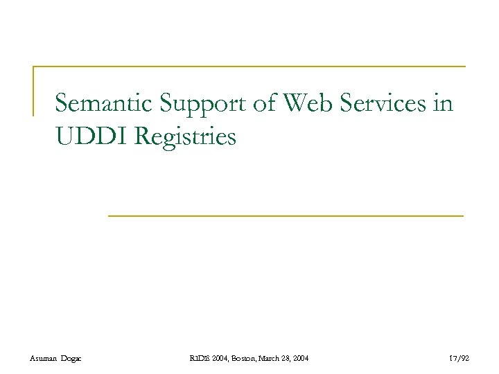 Semantic Support of Web Services in UDDI Registries Asuman Dogac RIDE 2004, Boston, March