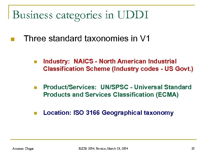 Business categories in UDDI n Three standard taxonomies in V 1 n Industry: NAICS