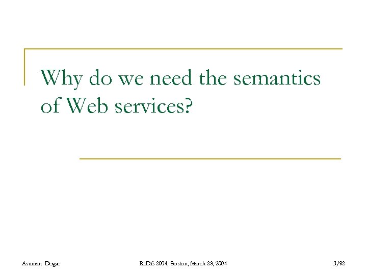 Why do we need the semantics of Web services? Asuman Dogac RIDE 2004, Boston,