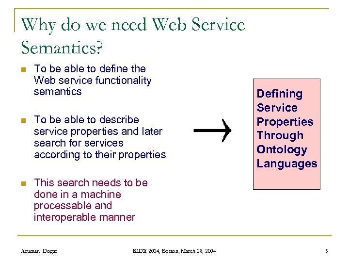 Why do we need Web Service Semantics? n To be able to define the