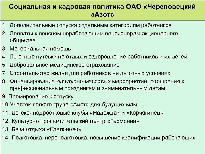 Социальная и кадровая политика ОАО «Череповецкий «Азот» 1. Дополнительные отпуска отдельным категориям работников 2.