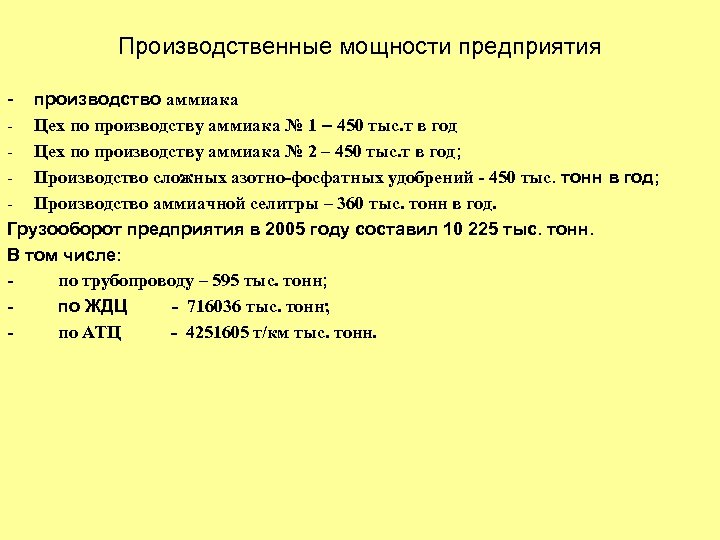 Производственные мощности предприятия - производство аммиака - Цех по производству аммиака № 1 –