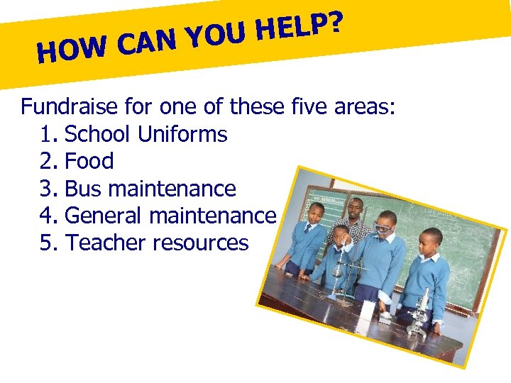 HELP? AN YOU HOW C Fundraise for one of these five areas: 1. School