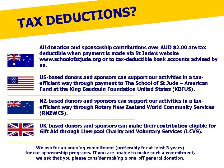 TIONS? DEDUC TAX All donation and sponsorship contributions over AUD $2. 00 are tax