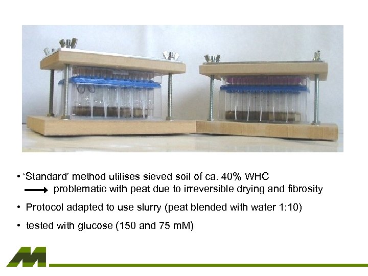  • ‘Standard’ method utilises sieved soil of ca. 40% WHC problematic with peat