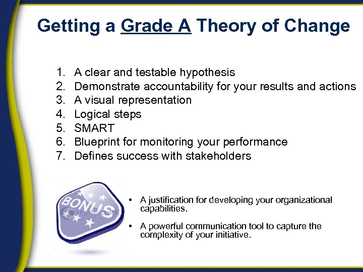 Getting a Grade A Theory of Change 1. 2. 3. 4. 5. 6. 7.