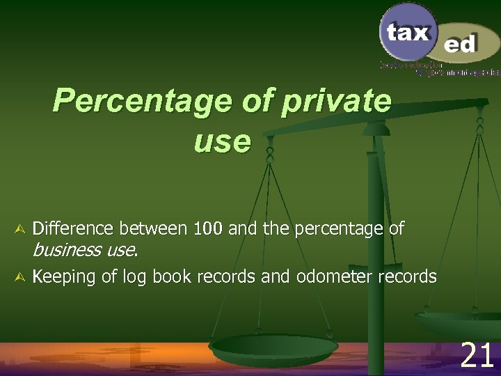 Percentage of private use Difference between 100 and the percentage of business use. Ù