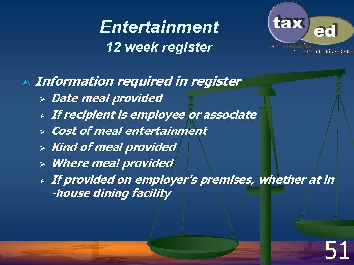 Entertainment 12 week register Ù Information required in register Ø Ø Ø Date meal