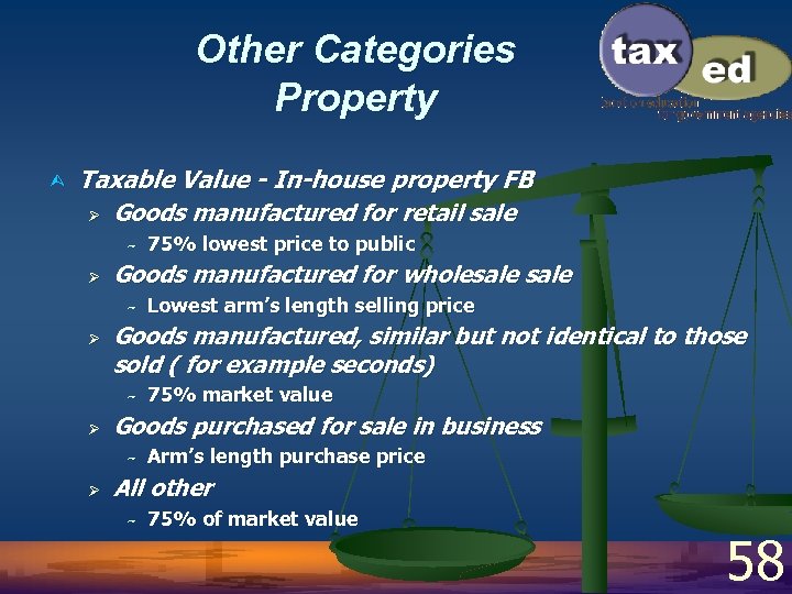 Other Categories Property Ù Taxable Value - In-house property FB Ø Goods manufactured for