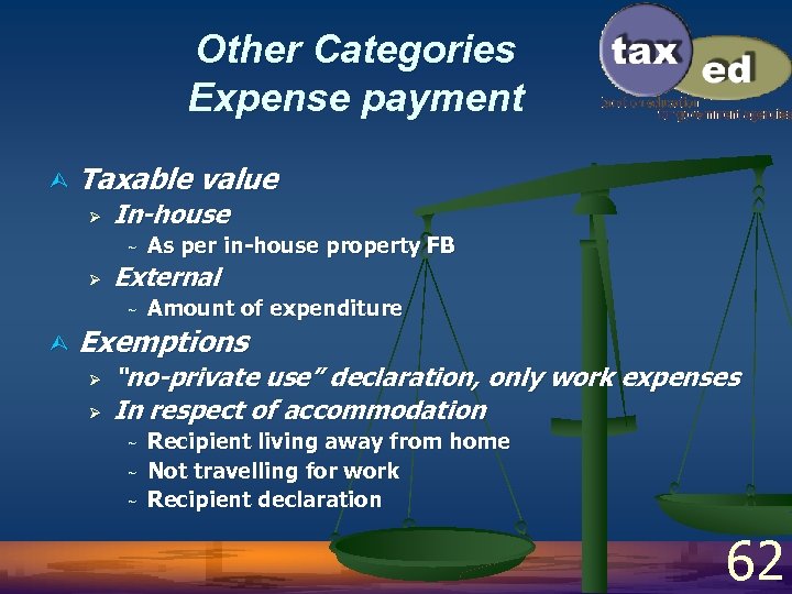 Other Categories Expense payment Ù Taxable value Ø In-house ~ Ø External ~ Ù