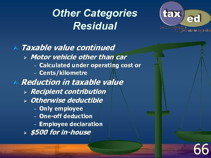 Other Categories Residual Ù Taxable value continued Ø Motor vehicle other than car ~