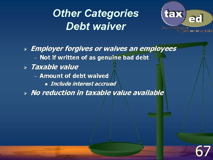 Other Categories Debt waiver Ø Employer forgives or waives an employees ~ Ø Taxable