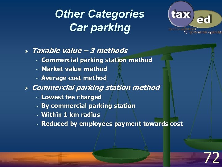 Other Categories Car parking Ø Taxable value – 3 methods ~ ~ ~ Ø