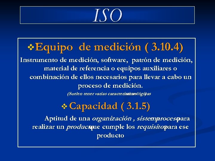 ISO v. Equipo de medición ( 3. 10. 4) Instrumento de medición, software, patrón