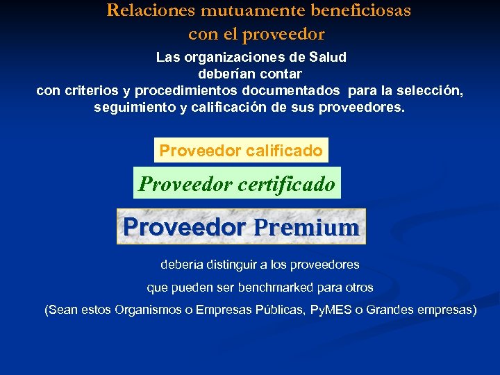 Relaciones mutuamente beneficiosas con el proveedor Las organizaciones de Salud deberían contar con criterios