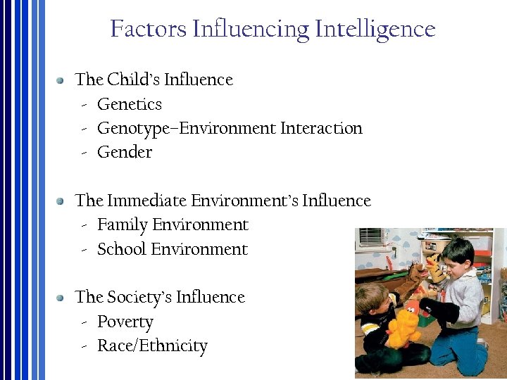 Factors Influencing Intelligence The Child’s Influence ‐ Genetics ‐ Genotype–Environment Interaction ‐ Gender The