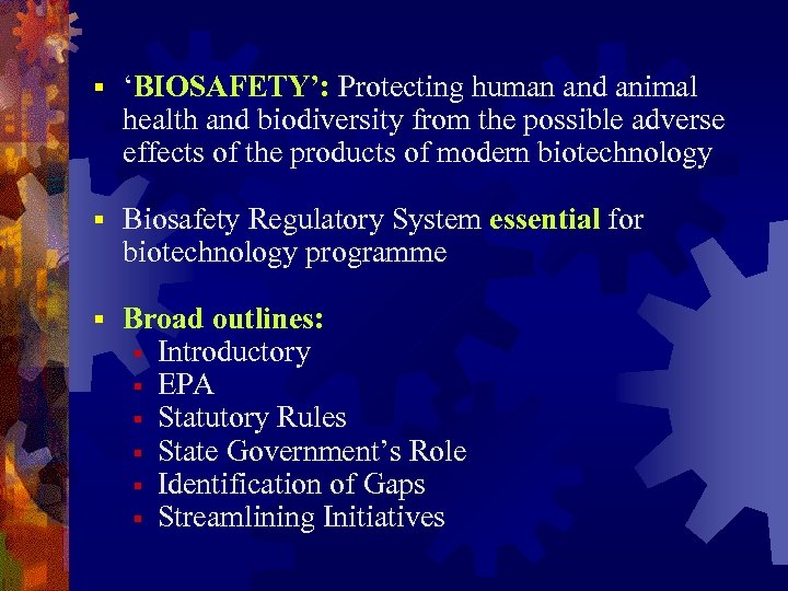 § ‘BIOSAFETY’: Protecting human and animal health and biodiversity from the possible adverse effects