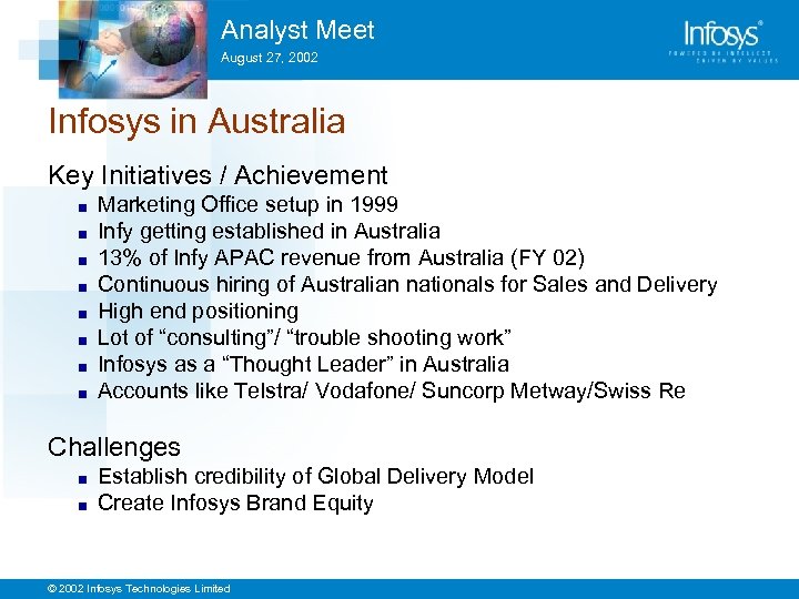 Analyst Meet August 27, 2002 Infosys in Australia Key Initiatives / Achievement ■ ■