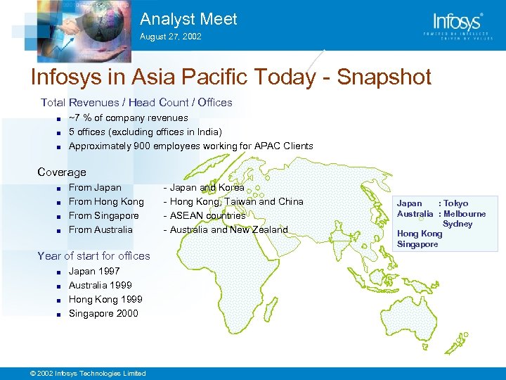 Analyst Meet August 27, 2002 Infosys in Asia Pacific Today - Snapshot Total Revenues