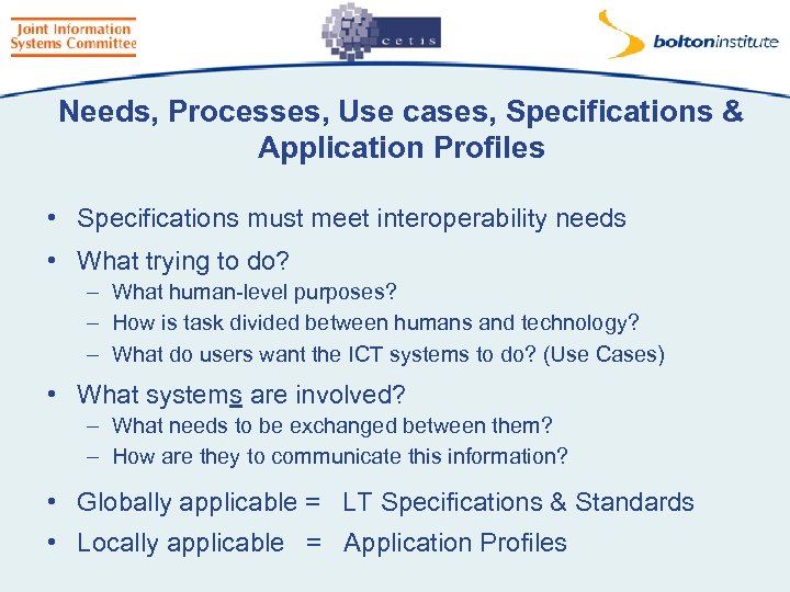 Needs, Processes, Use cases, Specifications & Application Profiles • Specifications must meet interoperability needs