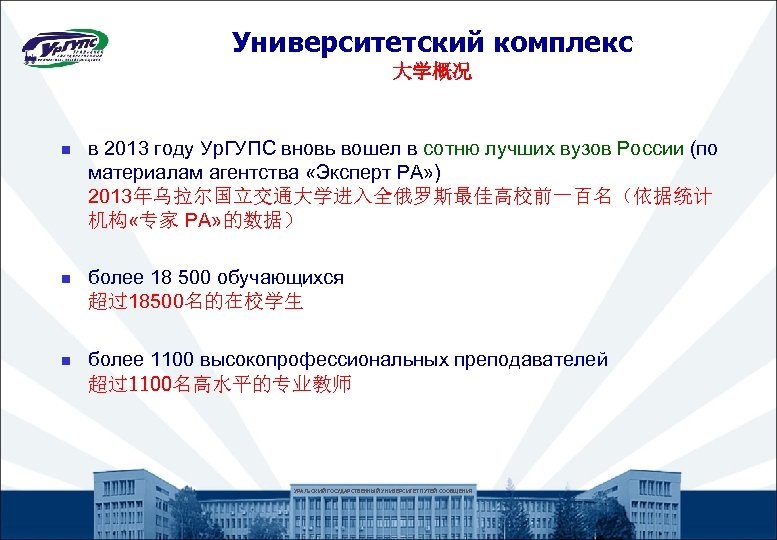 Университетский комплекс 大学概况 n в 2013 году Ур. ГУПС вновь вошел в сотню лучших