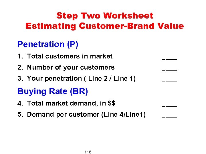 Step Two Worksheet Estimating Customer-Brand Value Penetration (P) 1. Total customers in market ____