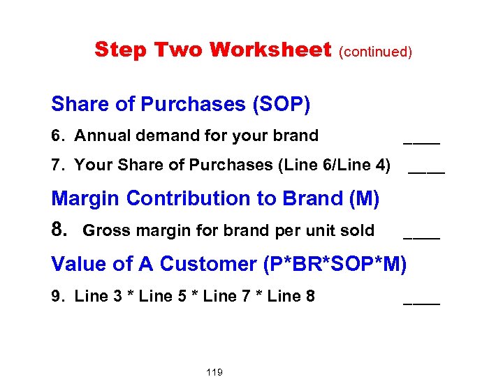 Step Two Worksheet (continued) Share of Purchases (SOP) 6. Annual demand for your brand