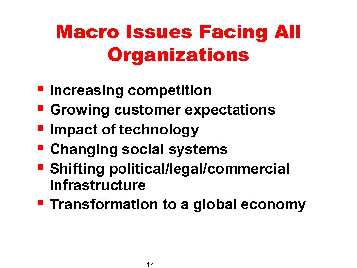 Macro Issues Facing All Organizations § Increasing competition § Growing customer expectations § Impact