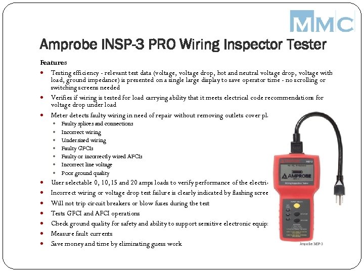Amprobe INSP-3 PRO Wiring Inspector Tester Features Testing efficiency - relevant test data (voltage,