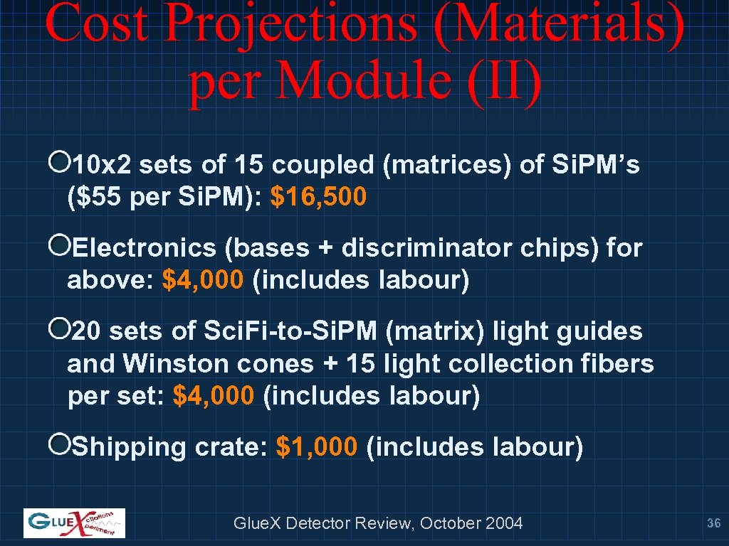 Cost Projections (Materials) per Module (II) 10 x 2 sets of 15 coupled (matrices)