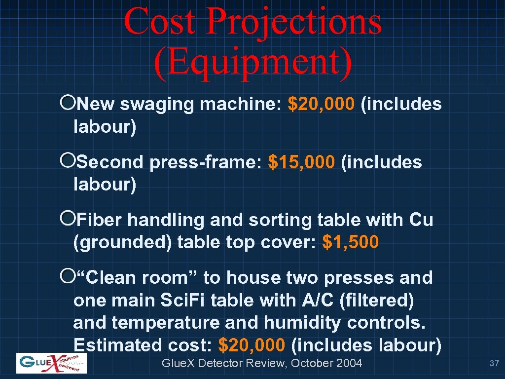 Cost Projections (Equipment) New swaging machine: $20, 000 (includes labour) Second press-frame: $15, 000