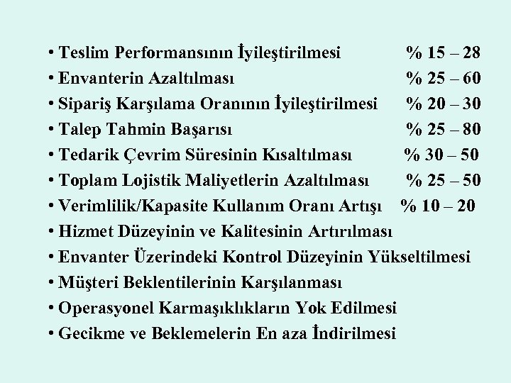  • Teslim Performansının İyileştirilmesi % 15 – 28 • Envanterin Azaltılması % 25