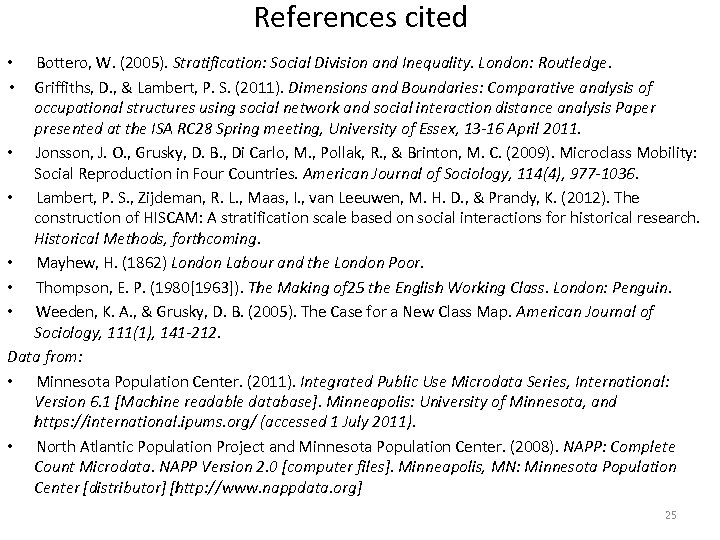 References cited Bottero, W. (2005). Stratification: Social Division and Inequality. London: Routledge. Griffiths, D.