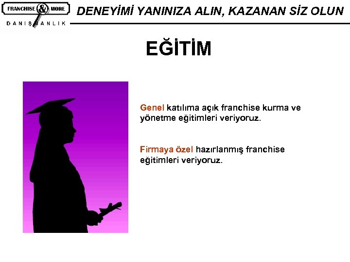 DENEYİMİ YANINIZA ALIN, KAZANAN SİZ OLUN EĞİTİM Genel katılıma açık franchise kurma ve yönetme