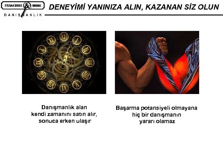 DENEYİMİ YANINIZA ALIN, KAZANAN SİZ OLUN Danışmanlık alan kendi zamanını satın alır, sonuca erken