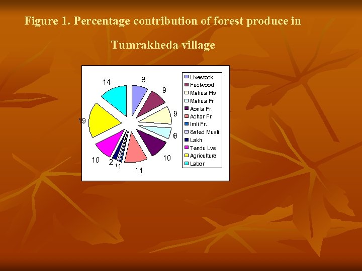 Figure 1. Percentage contribution of forest produce in Tumrakheda village 8 14 9 9