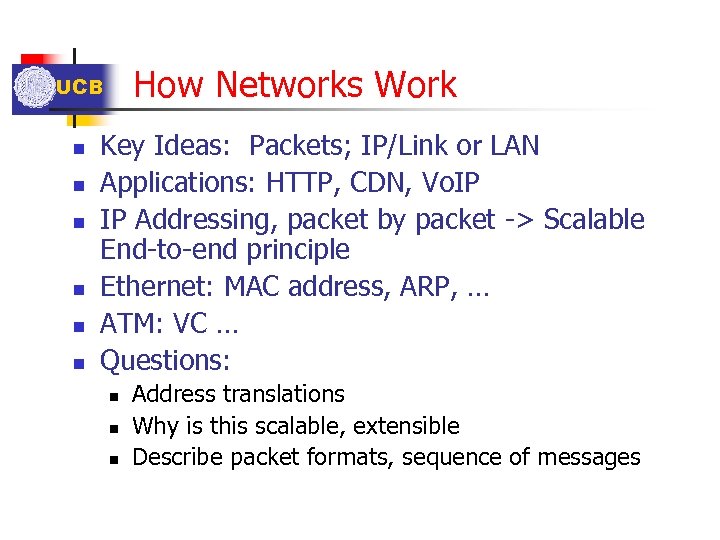 How Networks Work UCB n n n Key Ideas: Packets; IP/Link or LAN Applications: