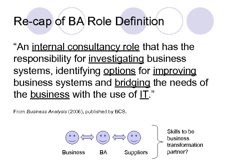 Re-cap of BA Role Definition “An internal consultancy role that has the responsibility for