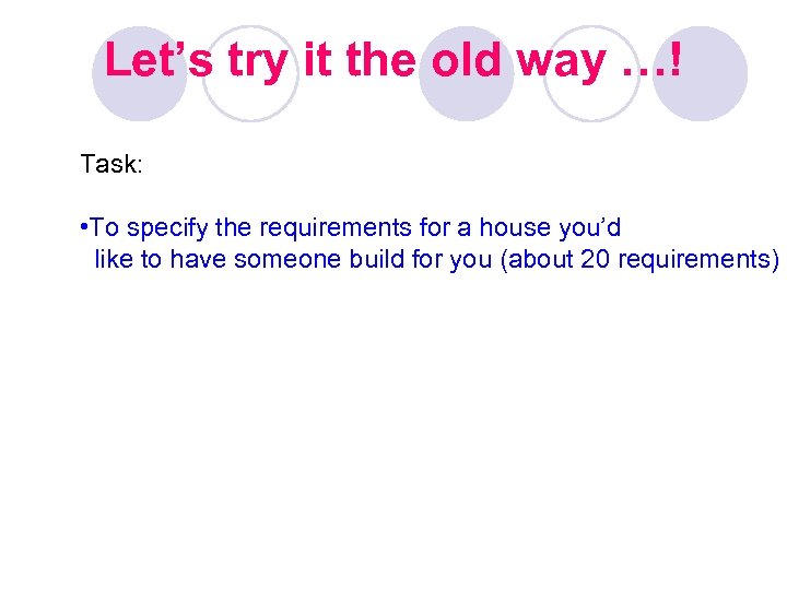 Let’s try it the old way …! Task: • To specify the requirements for