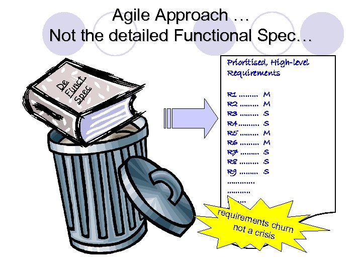 De Fu Sp nct ec. Agile Approach … Not the detailed Functional Spec… Prioritised,