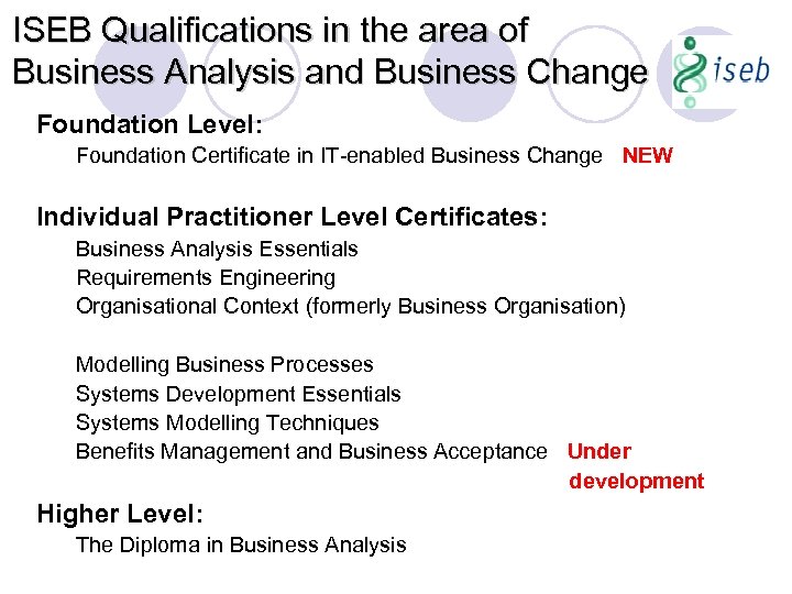 ISEB Qualifications in the area of Business Analysis and Business Change Foundation Level: Foundation