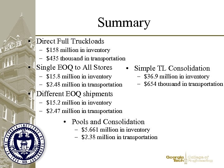 Summary • Direct Full Truckloads – $158 million in inventory – $435 thousand in