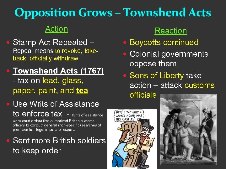 Opposition Grows – Townshend Acts Action Stamp Act Repealed – Repeal means to revoke,