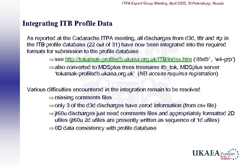 ITPA Expert Group Meeting, April 2003, St Petersburg, Russia Integrating ITB Profile Data As
