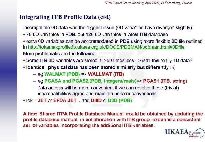 ITPA Expert Group Meeting, April 2003, St Petersburg, Russia Integrating ITB Profile Data (ctd)