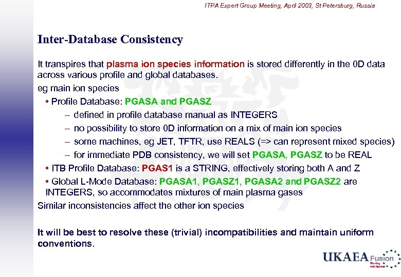 ITPA Expert Group Meeting, April 2003, St Petersburg, Russia Inter-Database Consistency It transpires that