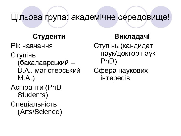 Цільова група: академічне середовище! Студенти Викладачі Рік навчання Ступінь (кандидат наук/доктор наук Ступінь Ph.