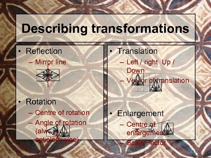 Describing transformations • Reflection – Mirror line A • Translation – Left / right