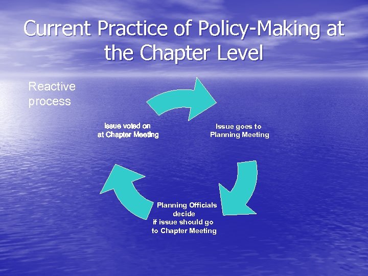Current Practice of Policy-Making at the Chapter Level Reactive process Issue voted on at