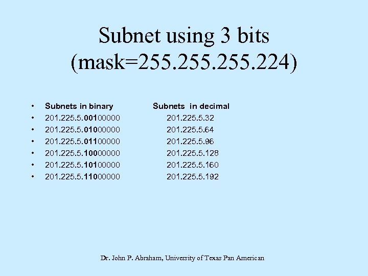 Subnet using 3 bits (mask=255. 224) • • Subnets in binary 201. 225. 5.